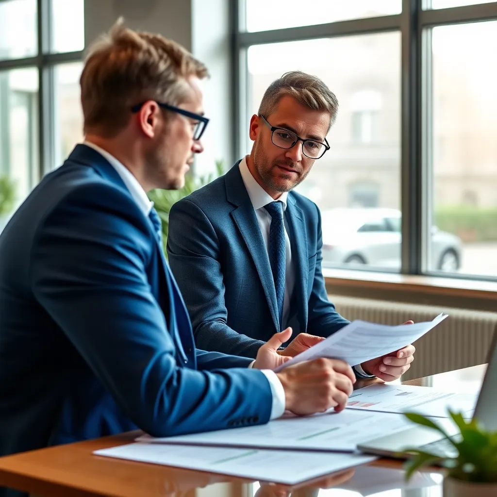 Financieel adviseur bespreekt strategie met cliënt in modern kantoor