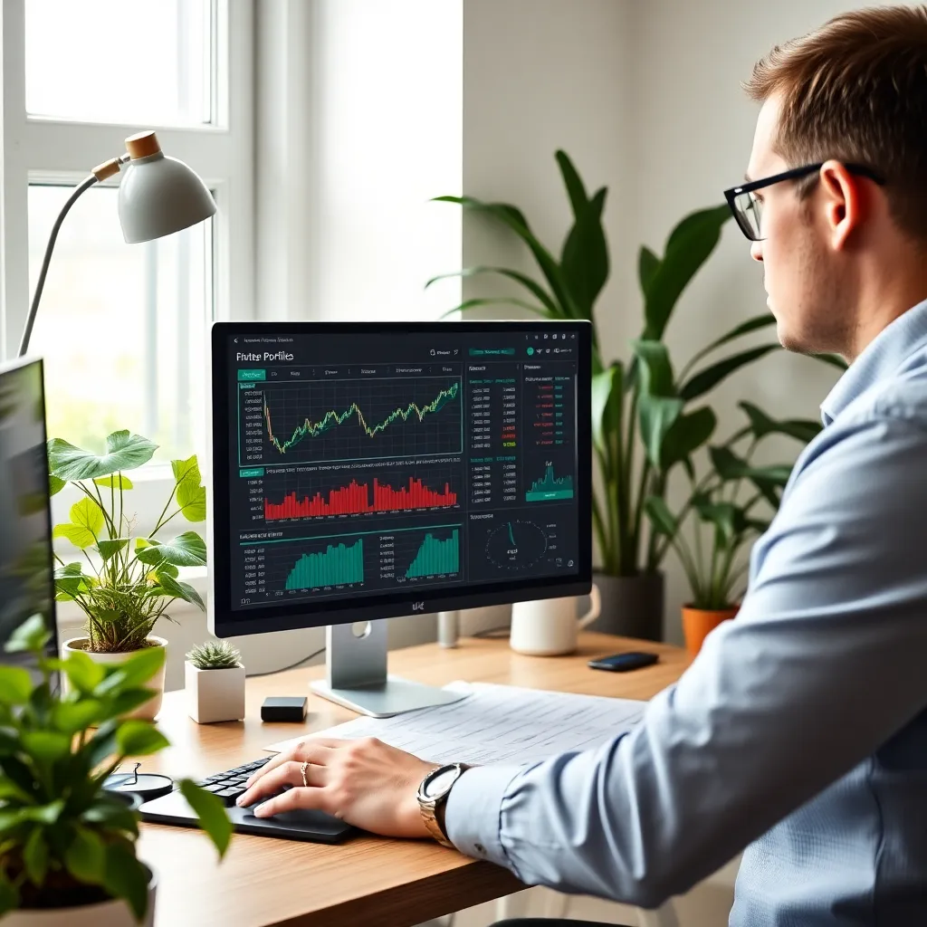 Persoon die beleggingsportefeuille bekijkt op computer