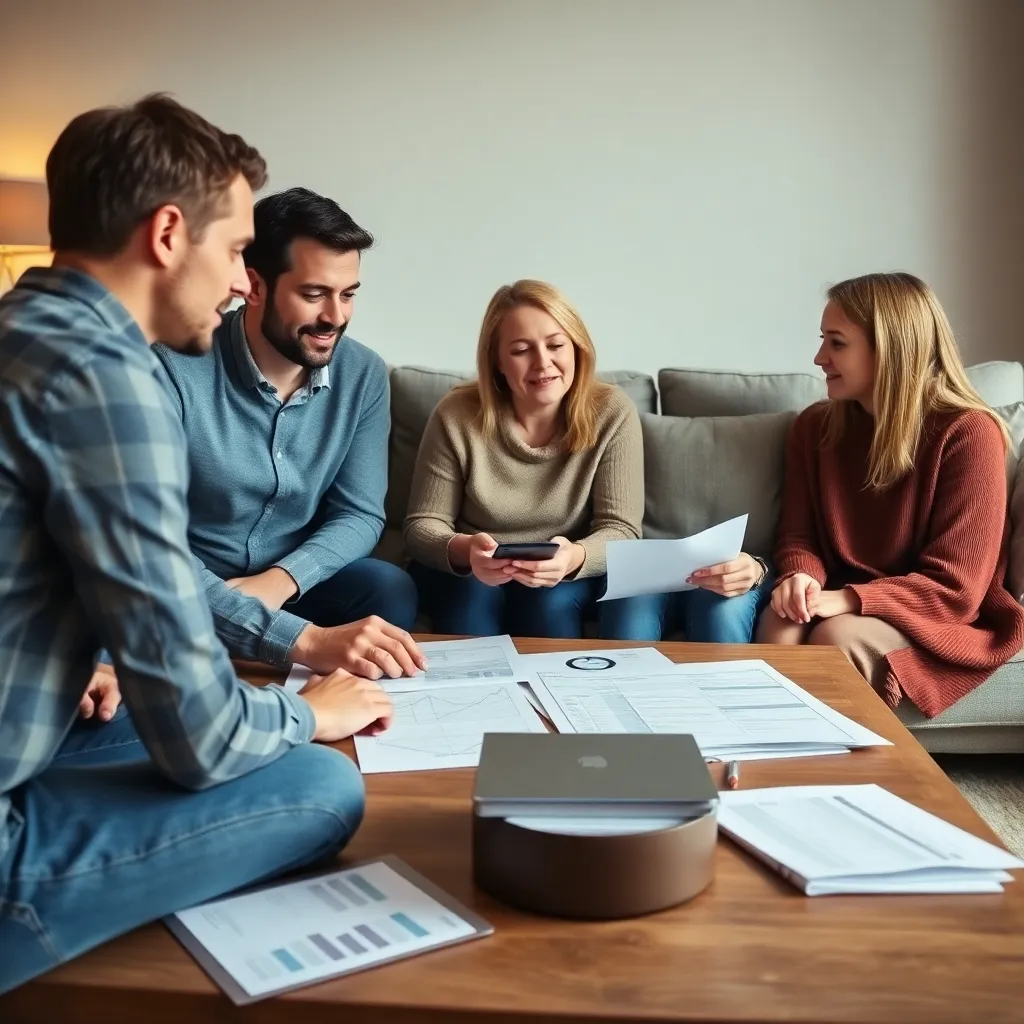 Financieel adviseur helpt een gezin met hun langetermijnplanning in een Nederlandse huiskamer